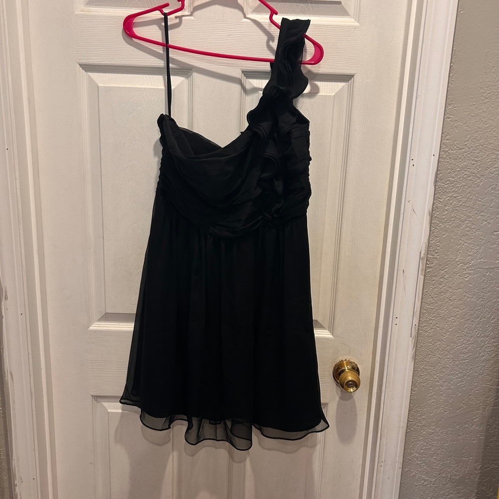 The Limited Black One Shoulder Ruffle Cocktail Dress Size 14 Pleated Chiffon LBD